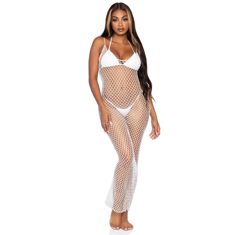 LEG AVENUE - MAXI VESTIDO DE RED TRENZADA CON ESPALDA DESCUBIERTA BLANCO