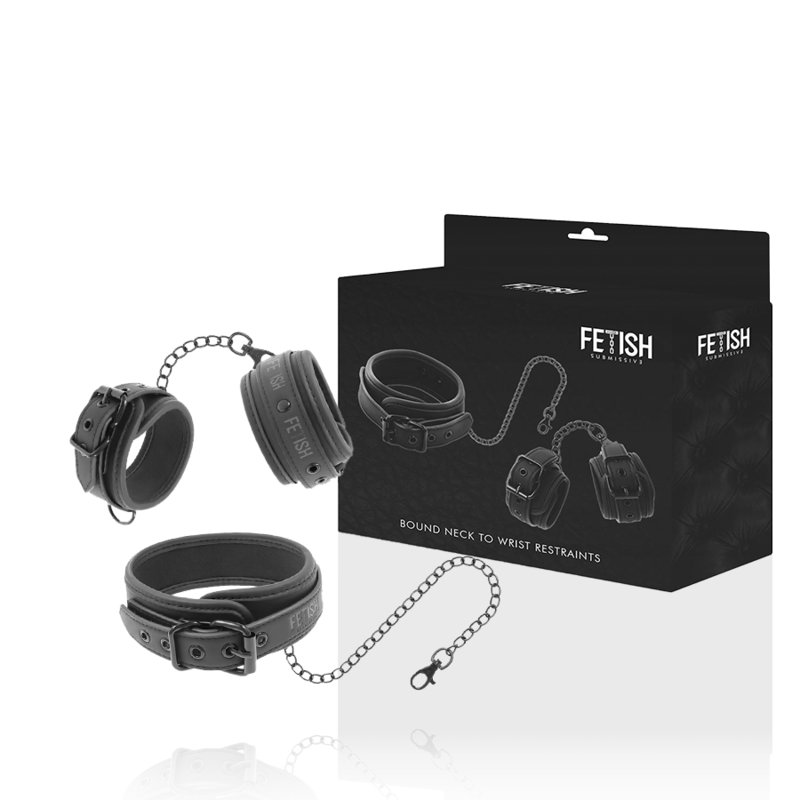 FETISH SUBMISSIVE - COLLAR Y ESPOSAS CUERO VEGANO CON FORRO DE NEOPRENO