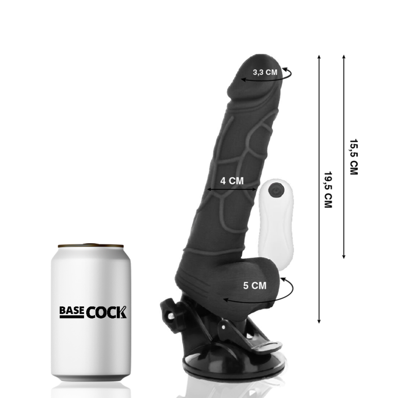 BASECOCK - VIBRADOR REALÍSTICO CONTROL REMOTO NEGRO CON TESTÍCULOS 19.5 CM -O- 4 CM