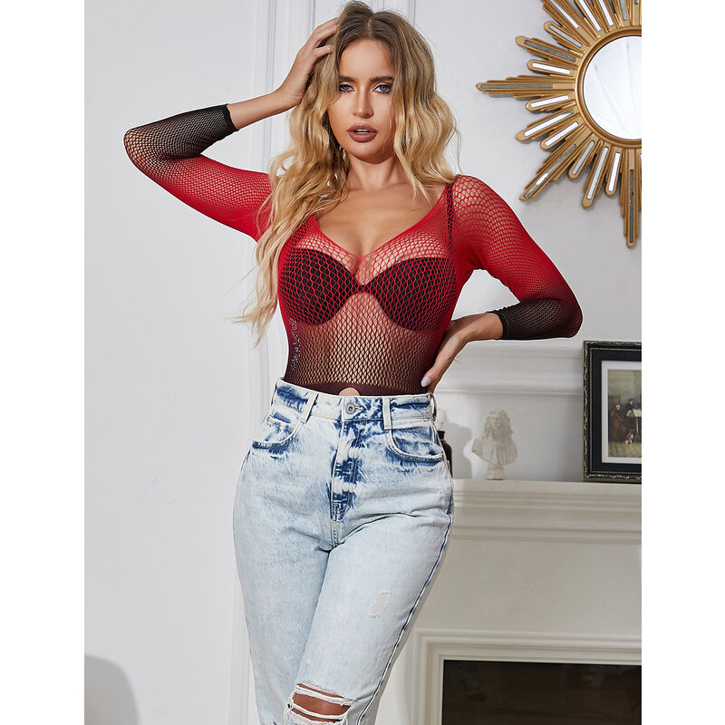 SUBBLIME - 952259 VESTIDO DE REJILLA ELÁSTICO MANGA LARGA DEGRADADO ROJO Y NEGRO TALLA ÚNICA