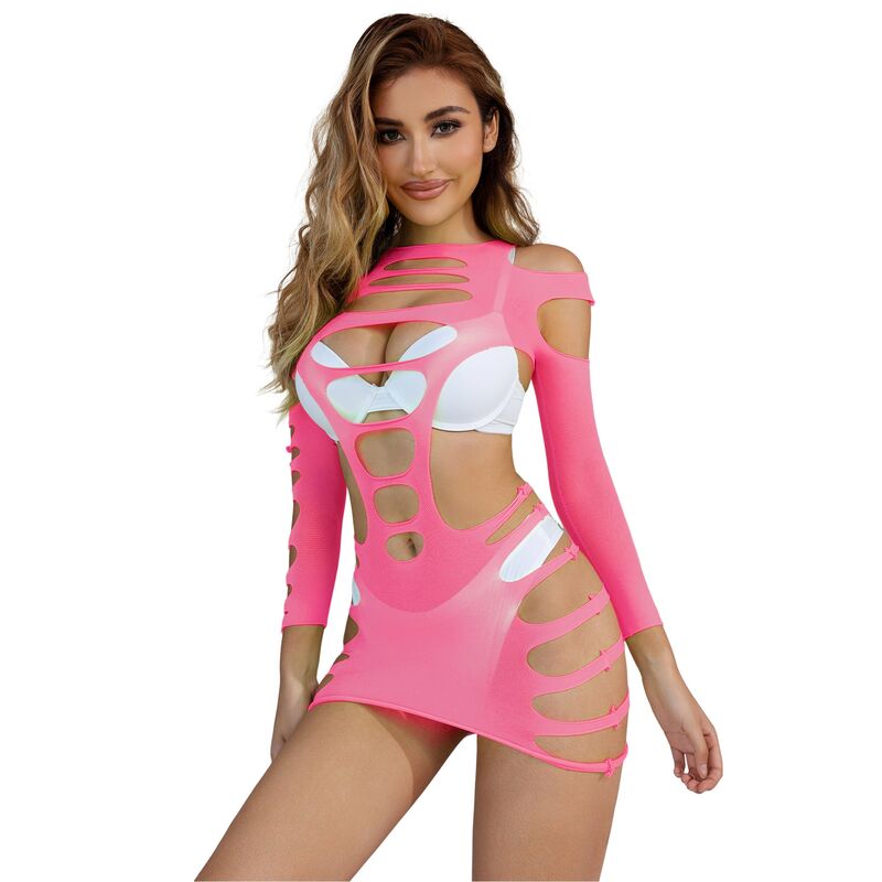 SUBBLIME - 952273 VESTIDO DE REJILLA ELÁSTICO MANGA LARGA ROSA TALLA ÚNICA