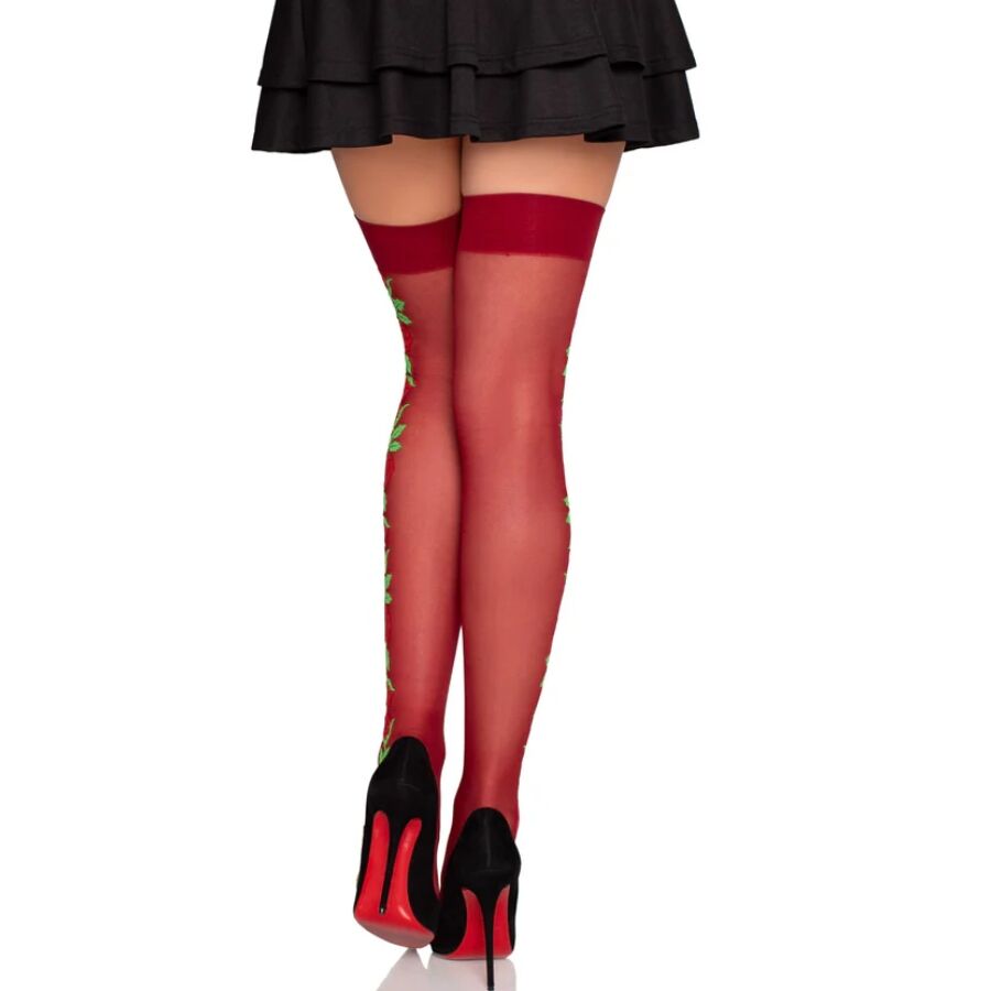 LEG AVENUE - 1957 MEDIAS DE LIGUERO CON FLORES ROJAS - TALLA ÚNICA