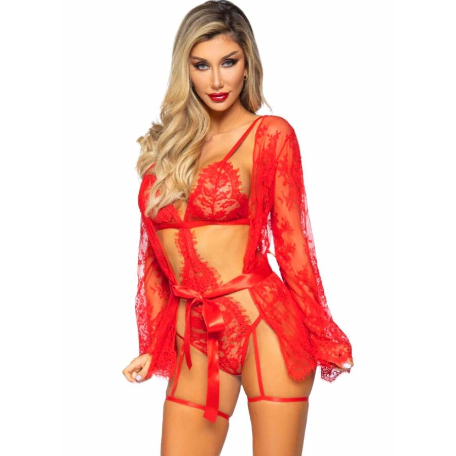 LEG AVENUE - 86123 SET BODY + BATA DE LIGUERO ROJO TALLA S