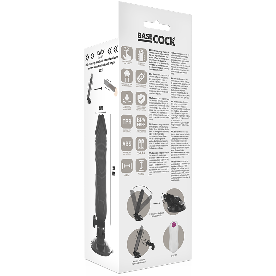 BASECOCK - VIBRADOR REALÍSTICO CONTROL REMOTO NEGRO 20 CM -O- 4 CM