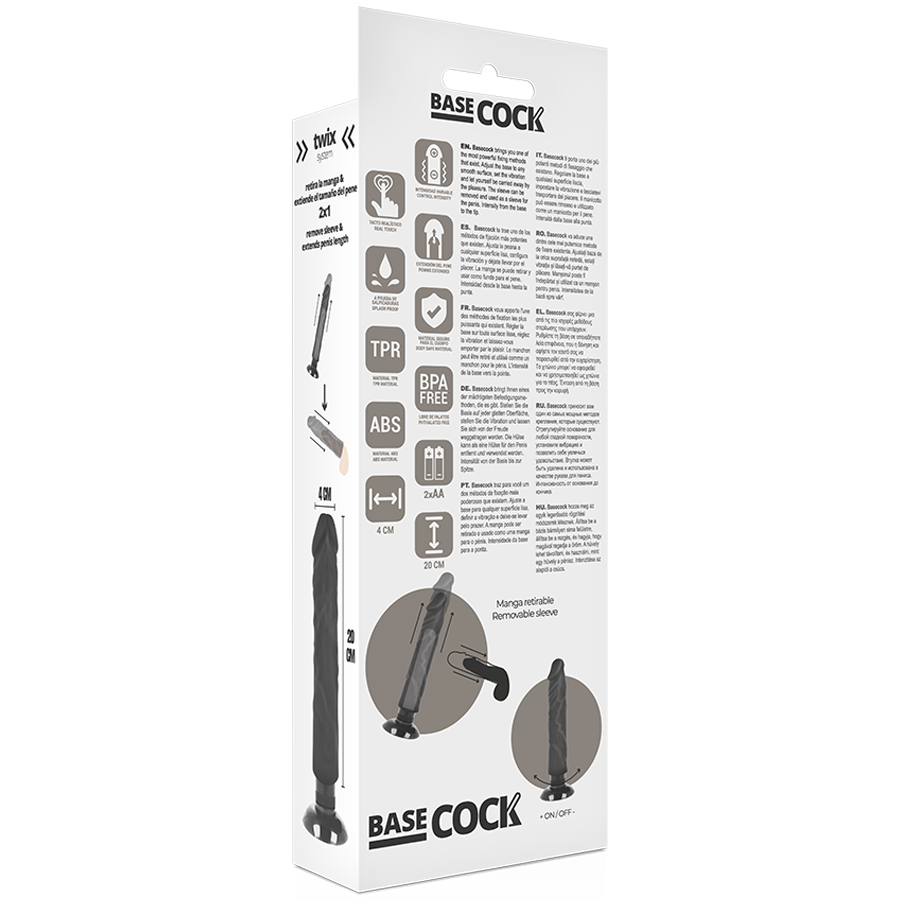 BASECOCK - VIBRADOR REALÍSTICO 2-1 NATURAL NEGRO 20 CM -O- 4 CM