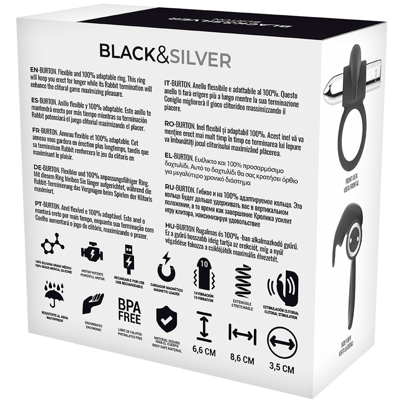 BLACK&SILVER - BURTON ANILLO RECARGABLE 10 MODOS VIBRACIÓN